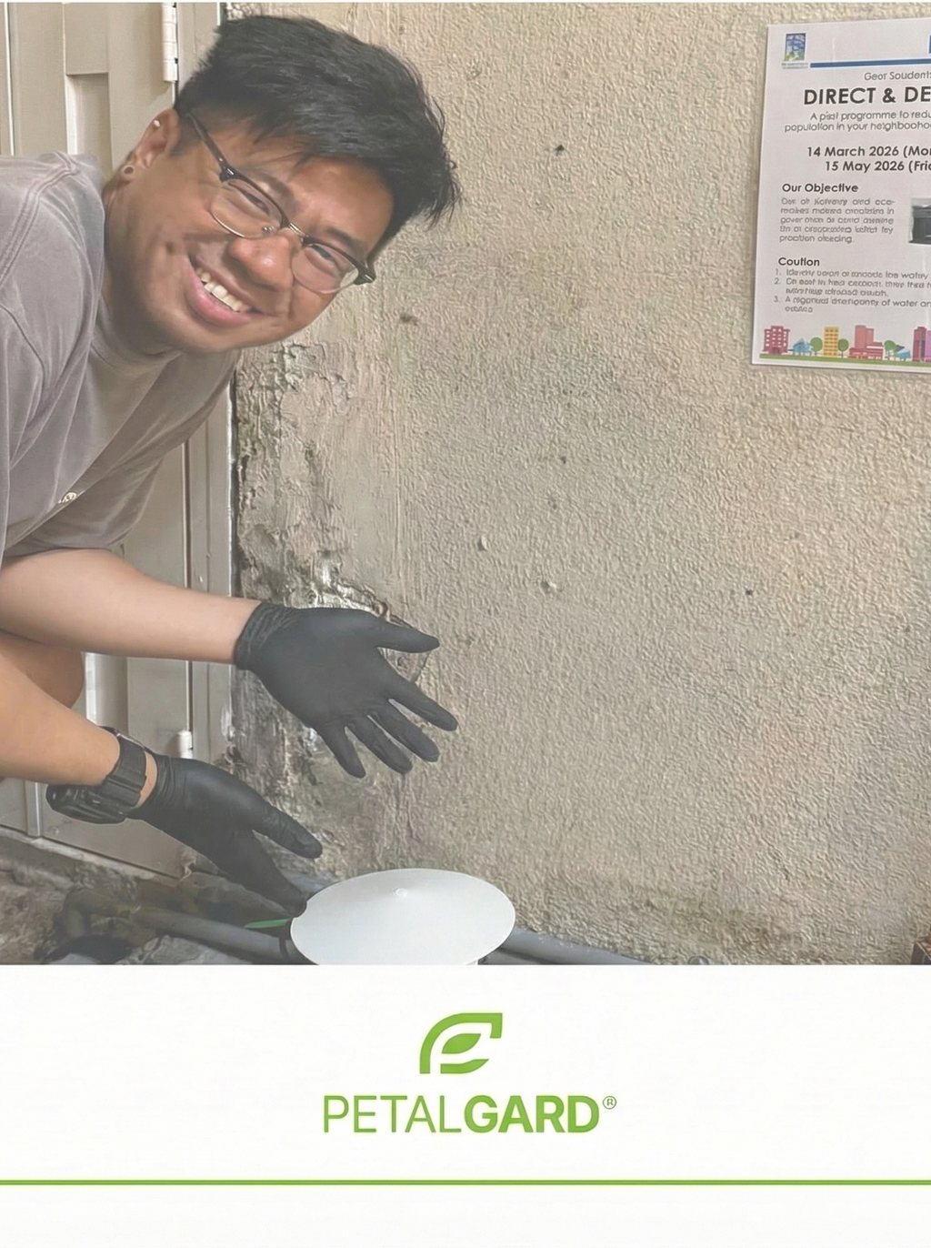 Person wearing gloves and a gray shirt, leaning against a wall with a poster, with 'PetalGard' branding at the bottom.