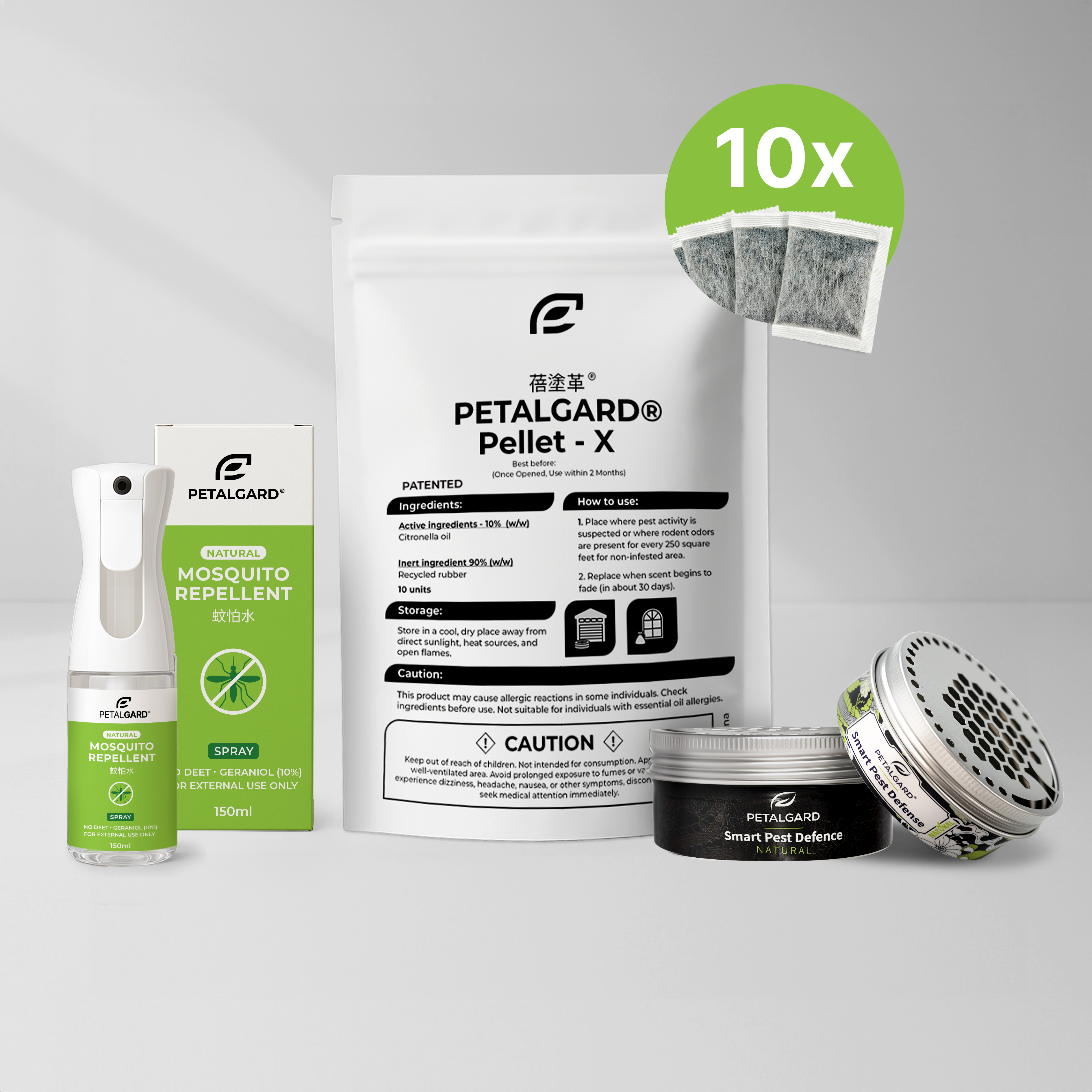 PETALGARD pest control products including a spray bottle, pellets, and smart pest defense device on a gray background.