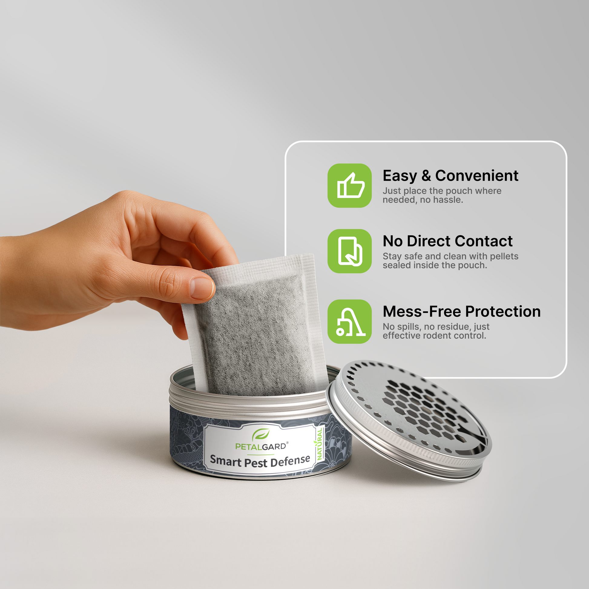 Hand placing a pest defense pouch into a container with product features displayed.