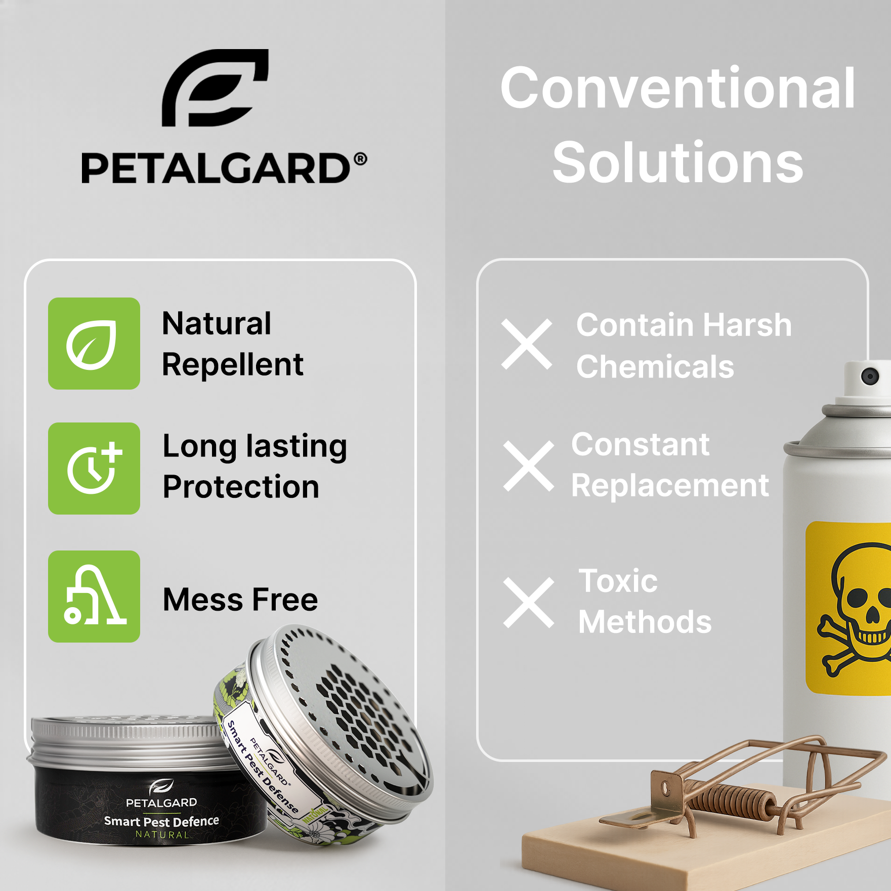 PETALGARD pest control products with features and conventional solutions on a gray background